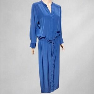 Chico’s Black Label Blue Satin  Maxi Dress M Long Sleeve Drawstring 1055